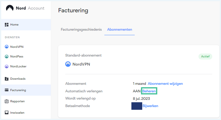 Factureringspagina van NordVPN waarbij het woord Beheren achter Automatisch Verlengen is uitgelicht