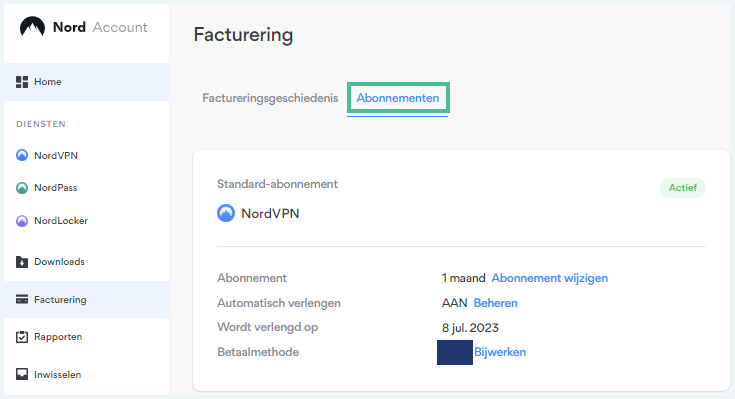 Factureringspagina van NordVPN waarbij het tabblad Abonnementen is uitgelicht
