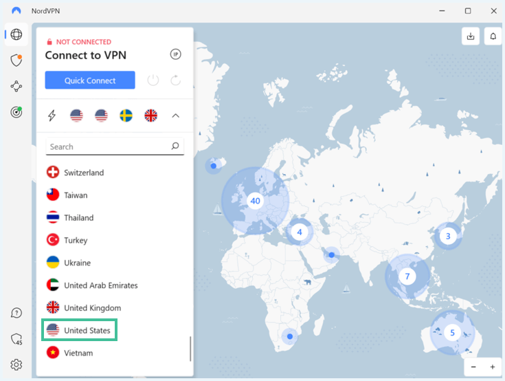 NordVPN app verbonden met een Amerikaanse server waarbij de knop United States is uitgelicht