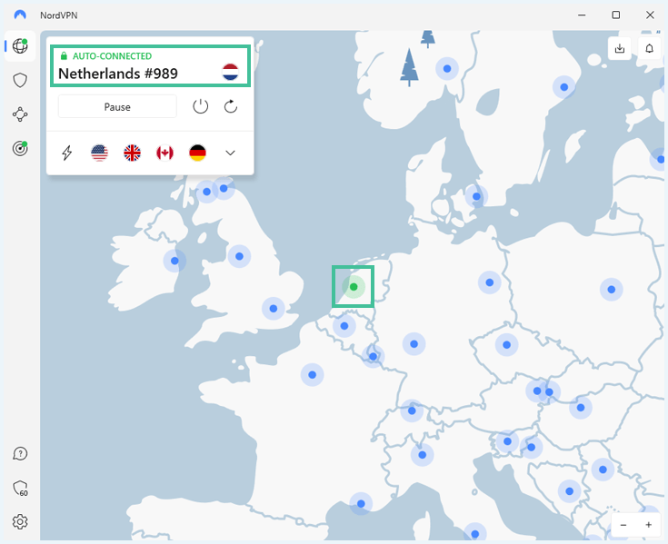 NordVPN App Software verbonden met een Nederlandse Server waarbij Nederland is uitgelicht