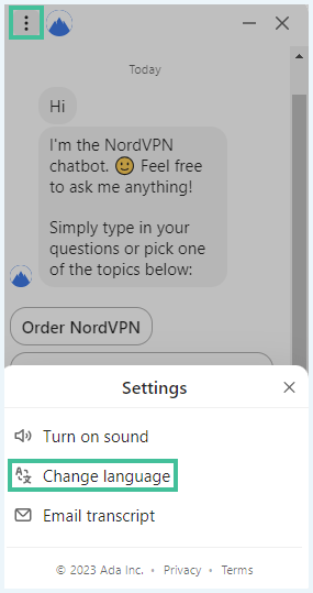 Chat met de chatbot van NordVPN waarbij de instellingen en Change Language knop zijn uitgelicht