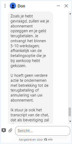 Chat met de chatbot van NordVPN waarbij we een bevestiging krijgen dat ons account wordt opgezegd