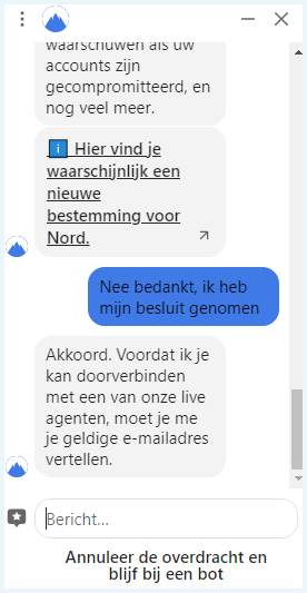 Chat met de chatbot van NordVPN waarbij we bevestigen dat we ons account willen opzeggen