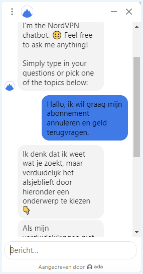 Chat met de chatbot van NordVPN waarbij wordt aangegeven dat we ons account willen opzeggen
