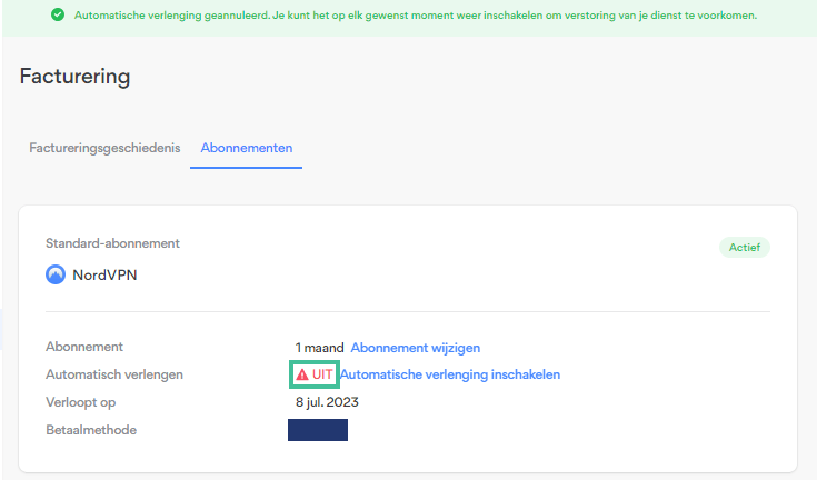 Factureringspagina op de NordVPN website waarbij het woord Uit achter Automatisch verlengen is uitgelicht
