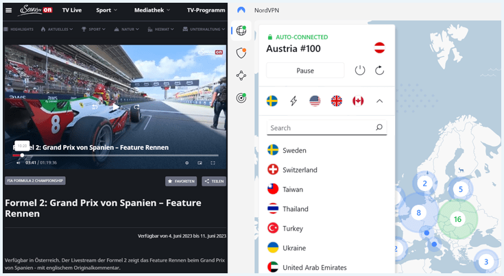 NordVPN app verbonden met een Oostenrijkse server met op de achtergrond een werkende Formule 2 stream op Servus TV