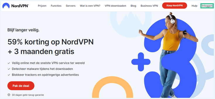 Homepage van de NordVPN website waarbij het woord Inloggen is uitgelicht