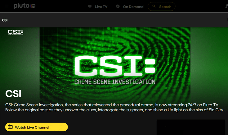 Pagina voor CSI op de Pluto TV Website