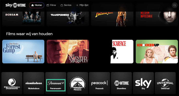 De site van SkyShowtime waarbij Paramount Plus is uitgelicht