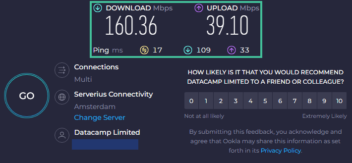 De speedtest van Ookla waarbij de snelheidsresultaten zijn uitgelicht