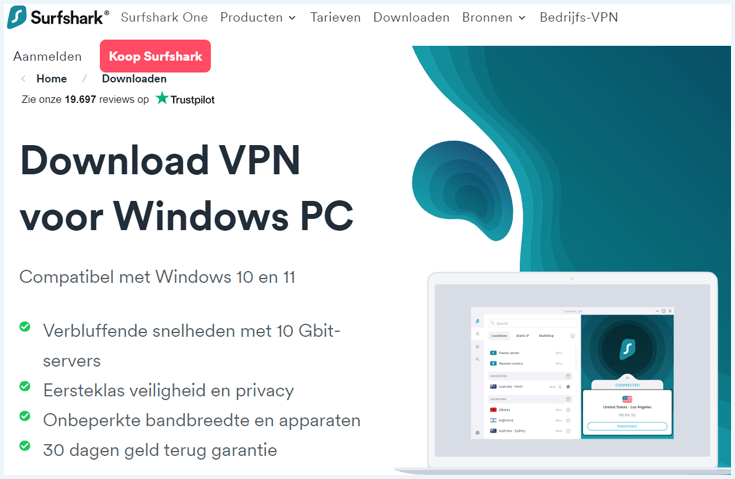 Pagina over Windows op de Surfshark website