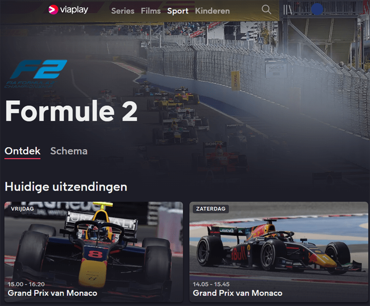 Pagina met Formule 2 Streams op de ViaPlay website
