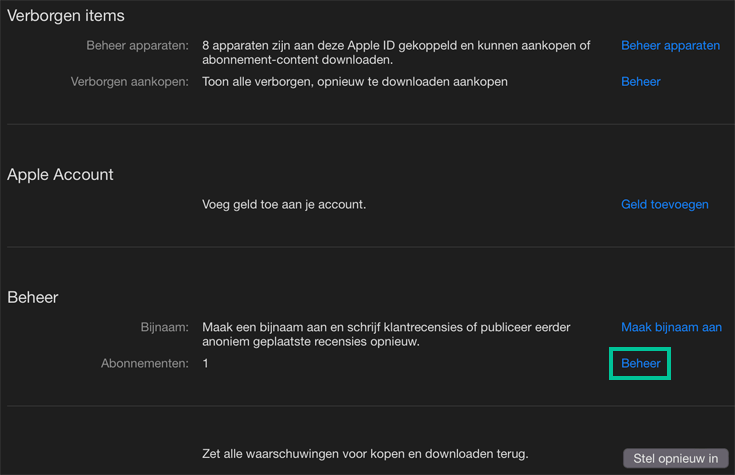 Accountinstellingen op macOS waarbij het woord Beheer achter abonnementen is uitgelicht