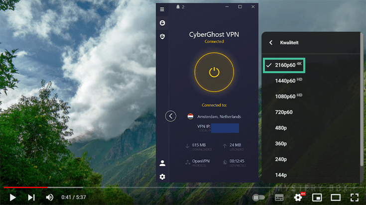 CyberGhost app verbonden met een Nederlandse server met op de achtergrond een YouTube video die op hoge kwaliteit staat