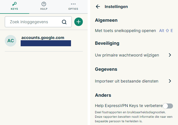 Het homescherm en de instellingen van de browserextensie van ExpressVPN Keys