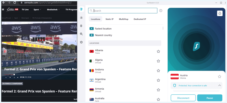 Surfshark app verbonden met een Oostenrijkse server met op de achtergrond een werkende Formule 2 stream op Servus TV