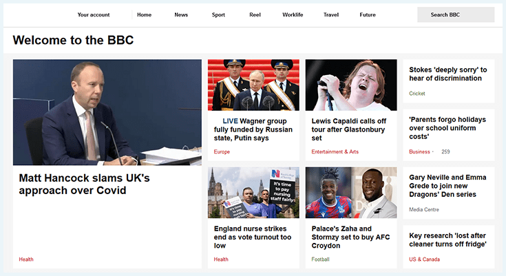 De homepage van BBC News op het dark web