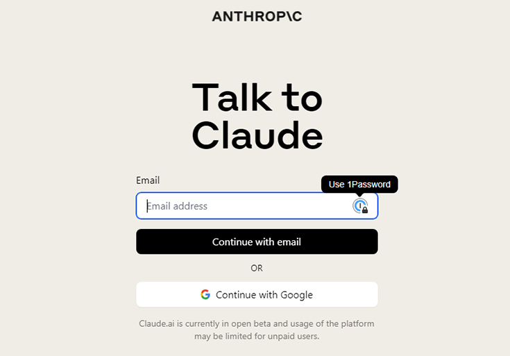 Chatbot Claude aanmeldpagina