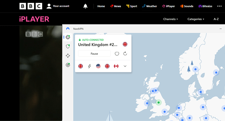 NordVPN is verbonden met een Britse server. Op de achtergrond is een serie van de BBC iPlayer te zien.