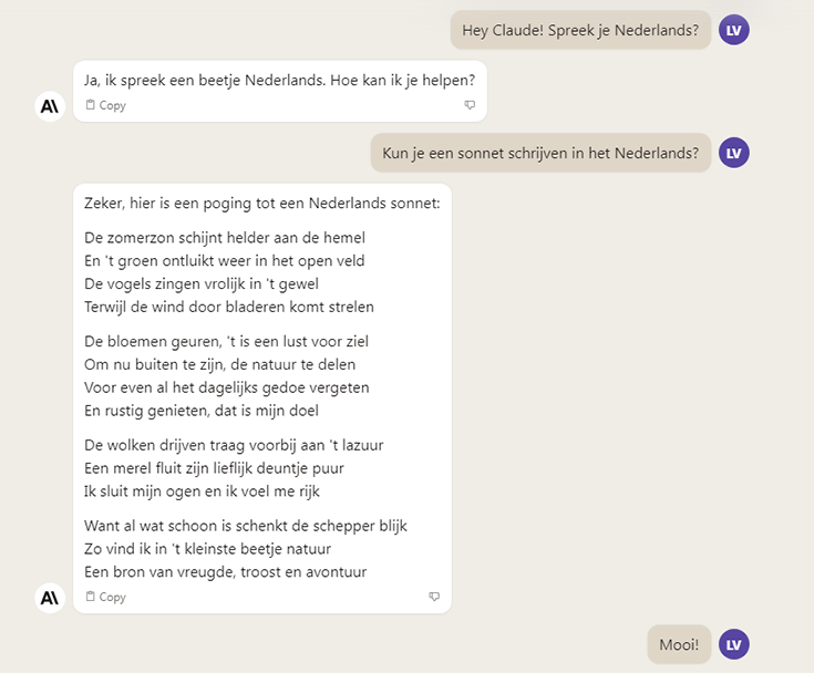 Chatbot Claude voorbeeldgesprek screenshot