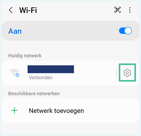 Wifi-instellingen in Android met het tandwieltje naast het wifinetwerk uitgelicht