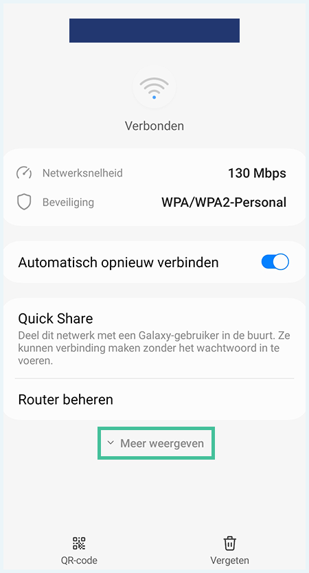 Screenshot van instellingen in Android bij het wifinetwerk met de knop Meer weergeven uitgelicht