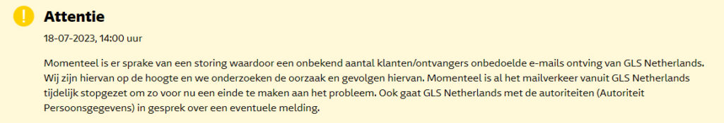 GLS datalekvermelding op website