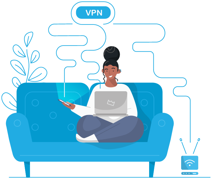 Vrouw op bank met laptop en smartphone die verbonden zijn met een VPN-router