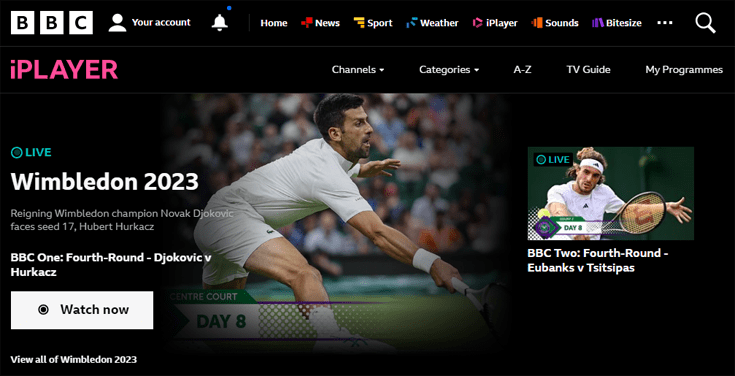 Homepage van de website BBC iPlayer