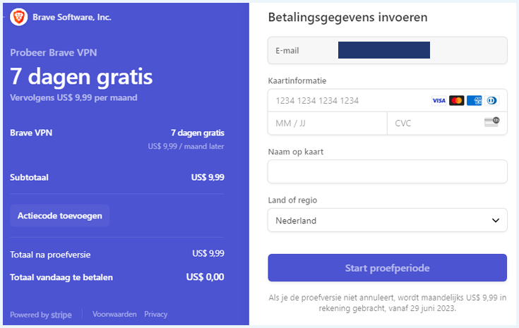Betaalpagina van Brave VPN