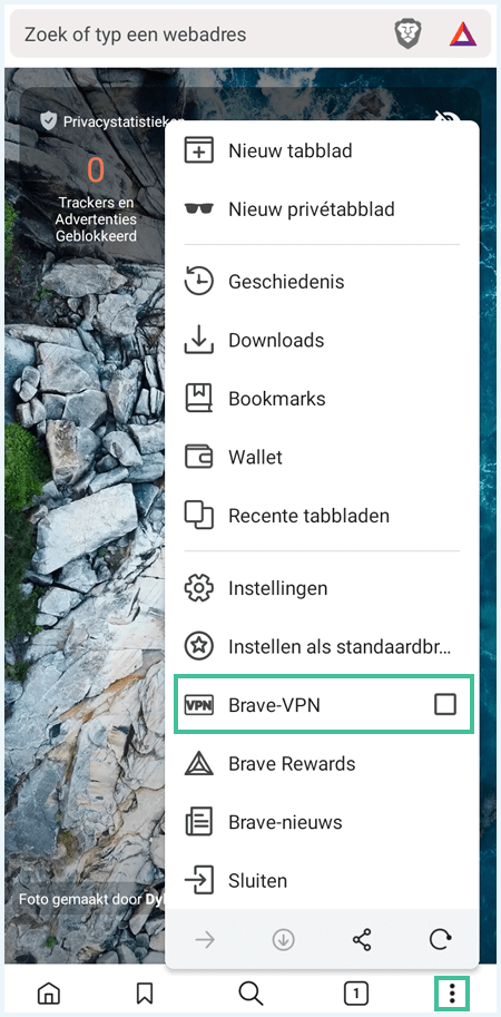 Browserinstellingen op Android van Brave VPN waarbij de knop Brave-VPN is uitgelicht