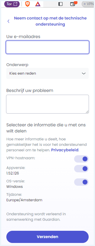 Klantenservice formulier van Brave VPN