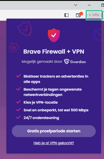 Brave VPN in de browser waarbij de knop VPN is uitgelicht
