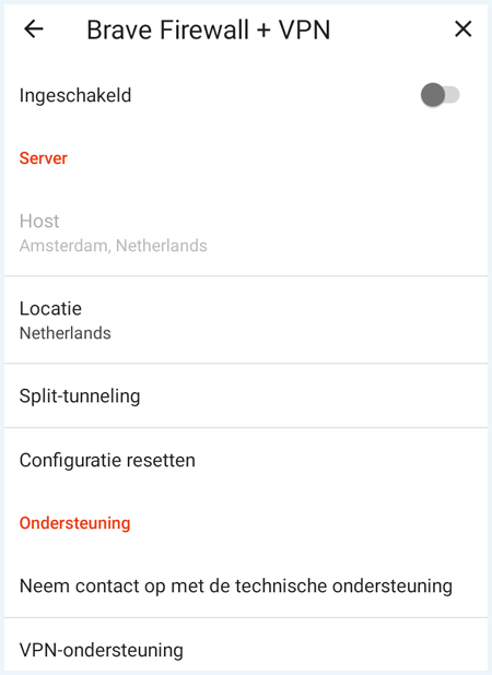 Instellingen van Brave VPN op smartphone