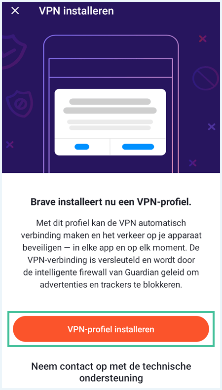 Het scherm VPN installeren van Brave VPN waarbij de knop VPN-profiel installeren is uitgelicht