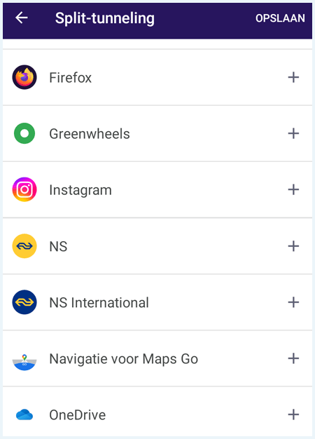 Het scherm Split-tunneling van Brave VPN