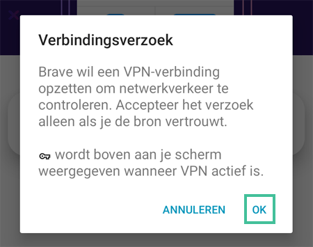 Melding met vraag van Brave VPN om een VPN-verbinding op te zetten met de OK knop uitgelicht
