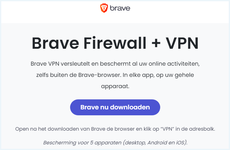 Homepage van de website van Brave VPN