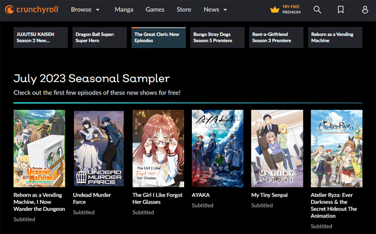 Homepage van de website CrunchyRoll