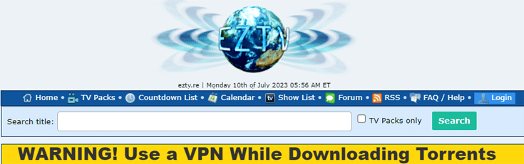 Homepage van de torrent-website EZTV met een waarschuwing over VPN gebruik