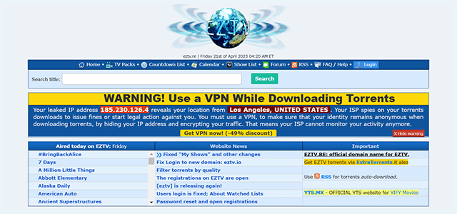 Homepage van de torrent website EZTV
