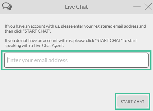 Beginscherm van de chat van ExpressVPN met het e-mailadres en de Start Chat knop uitgelicht