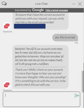 Chat met ExpressVPN waarin gevraagd wordt waarom we een abonnement willen opzeggen