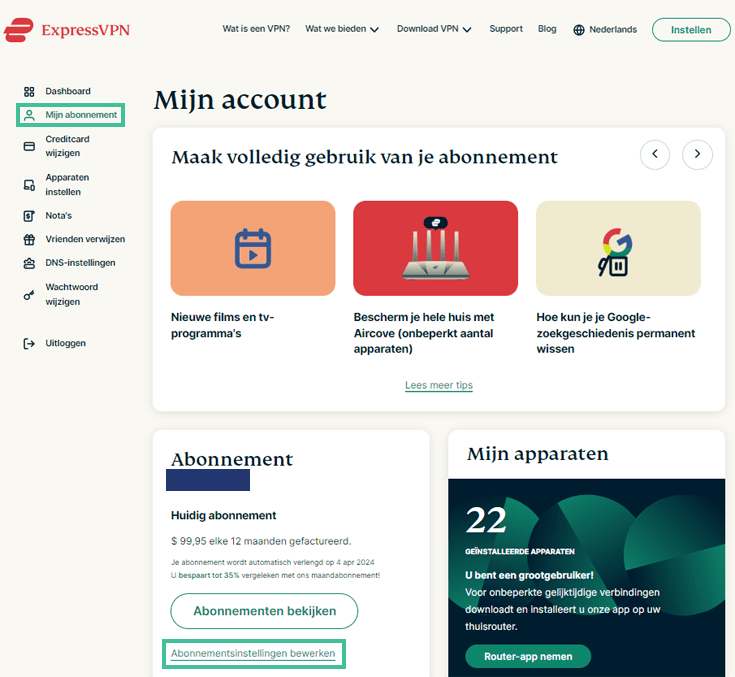 Accountpagina van ExpressVPN waarbij Mijn Abonnement in de sidebar en de knop Abonnementsinstellingen bewerken zijn uitgelicht