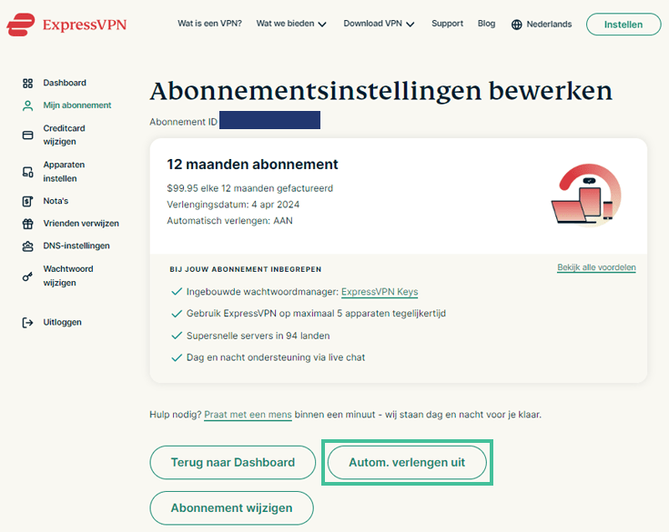 Accountpagina van ExpressVPN waarbij Atomatisch Verlengen Uit is uitgelicht
