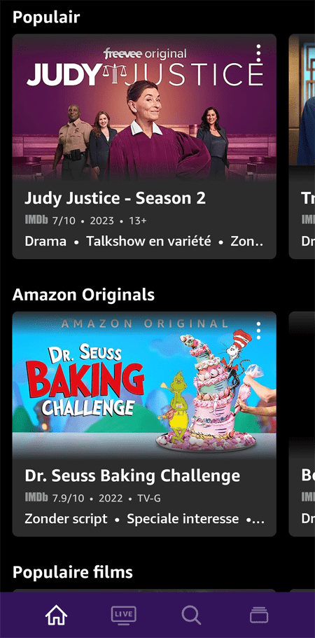 Homescherm van de app Freevee