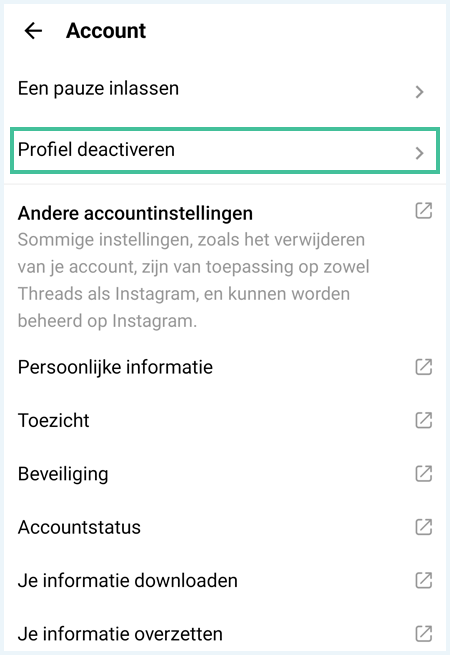 Accountinstellingen in Instagram Threads waarbij de knop om je account te deactiveren is uitgelicht