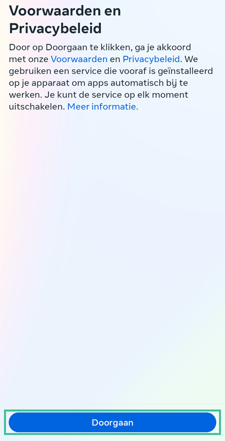 Voorwaarden en Privacybeleid van Instagram Threads zoals getoond in de app met de knop Doorgaan uitgelicht