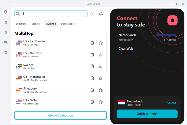 De multihop-functie van Surfshark waarbij je de beginlocatie van de dubbele VPN-connectie moet aangeven