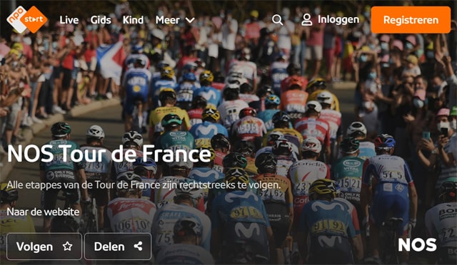 Tour de France pagina op de NPO Start website